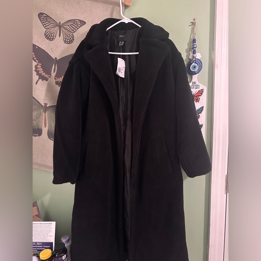 Forever21 Black Plush Drop Sleeve Coat